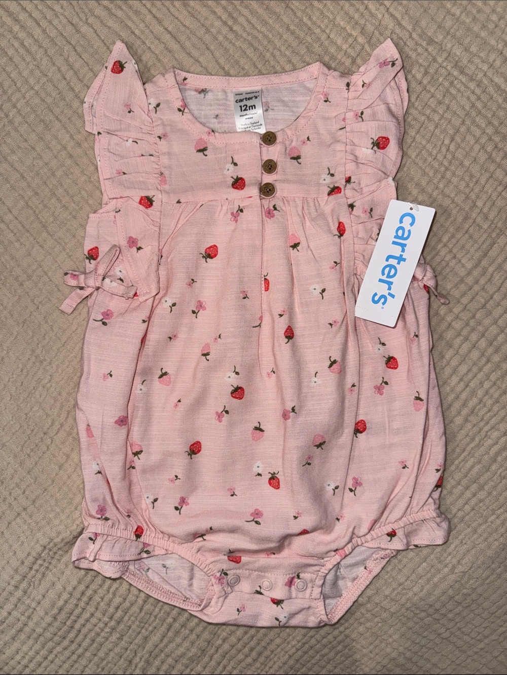 Carter's Pink Strawberry Print Flutter Sleeve Romper